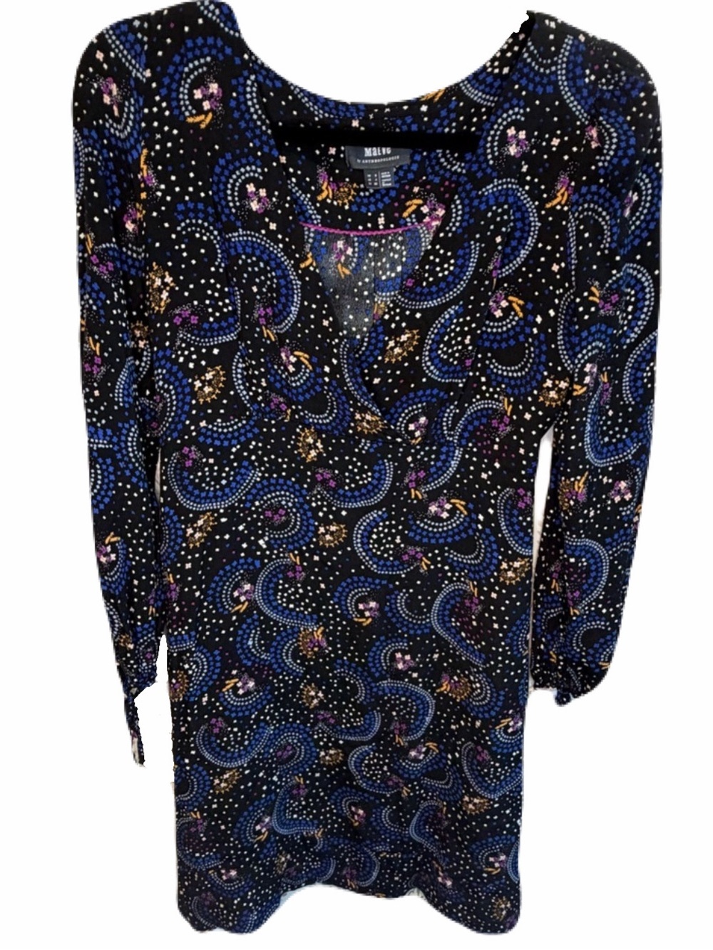 Maeve Anthropologie size 4 Long Sleeve Dress- Black White Blue Print. Pockets